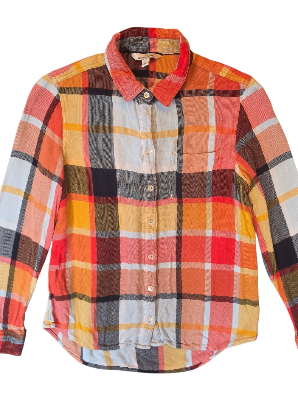 L.L. Bean Womans Button Down Shirt Small Red Yellow Brown Plaid Gorpcore Preppy